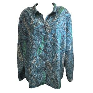 Leslie Fay Haberdashery Top Womens 18W Vintage Blue Paisley Button Up Dressy